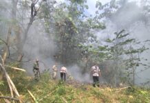 PERSONIL POLSEK CIWARU BERSAMA MUSPIKA KECAMATAN KARANGKANCANA DAN MASYARAKAT TANGANI KEBAKARAN LAHAN
