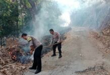 Polsek Ciawigebang Sigap Padamkan Kebakaran Lahan di Desa Suganangan