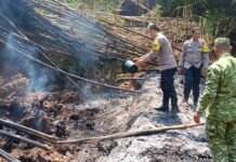 Polsek Ciawigebang dan Koramil Bersinergi Padamkan Kebakaran Lahan di Desa Kadurama